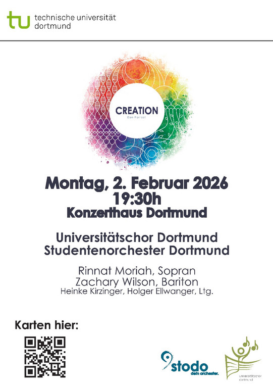 Regenbogenfarbiger Kreis, darin Titel des Konzerts: Creation, Montag, 2. Februar, 19:30 Uhr im Konzerthaus Dortmund, Universitätschor Dortmund mit dem Studentenorchester Dortmund, Rinnat Moriah (Sopran), Zachary Wilson (Bariton), Heinke Kirzinger Holger Eilwanger (Leitung)